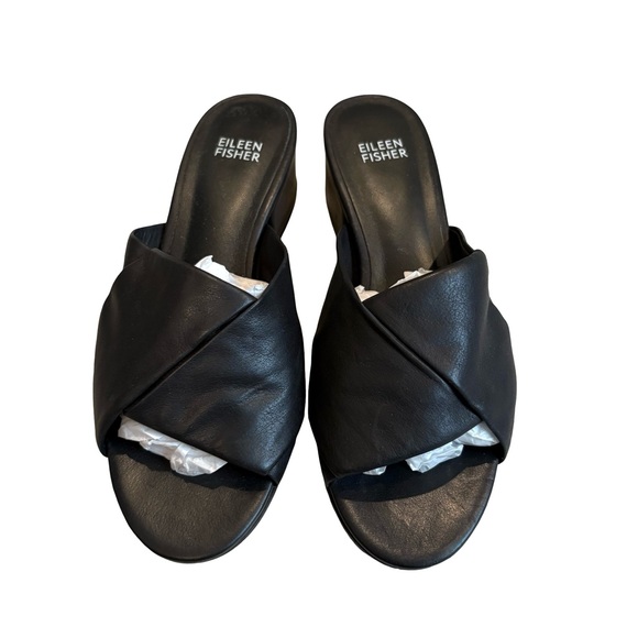 Eileen Fisher Ruche Black Leather Open Toe Slide Sandals, Sz 7.5 - Picture 4 of 14